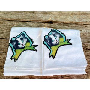 Vintage pair 1930s Creepy Eyes cat Face Applique Tea towels Dish Towels